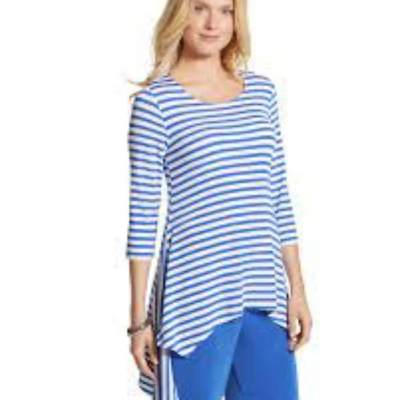 Chicos Travelers Classic Blue White Stripe Top Womens 0 Small 4 3/4 Sleeve Tunic - Picture 2 of 12